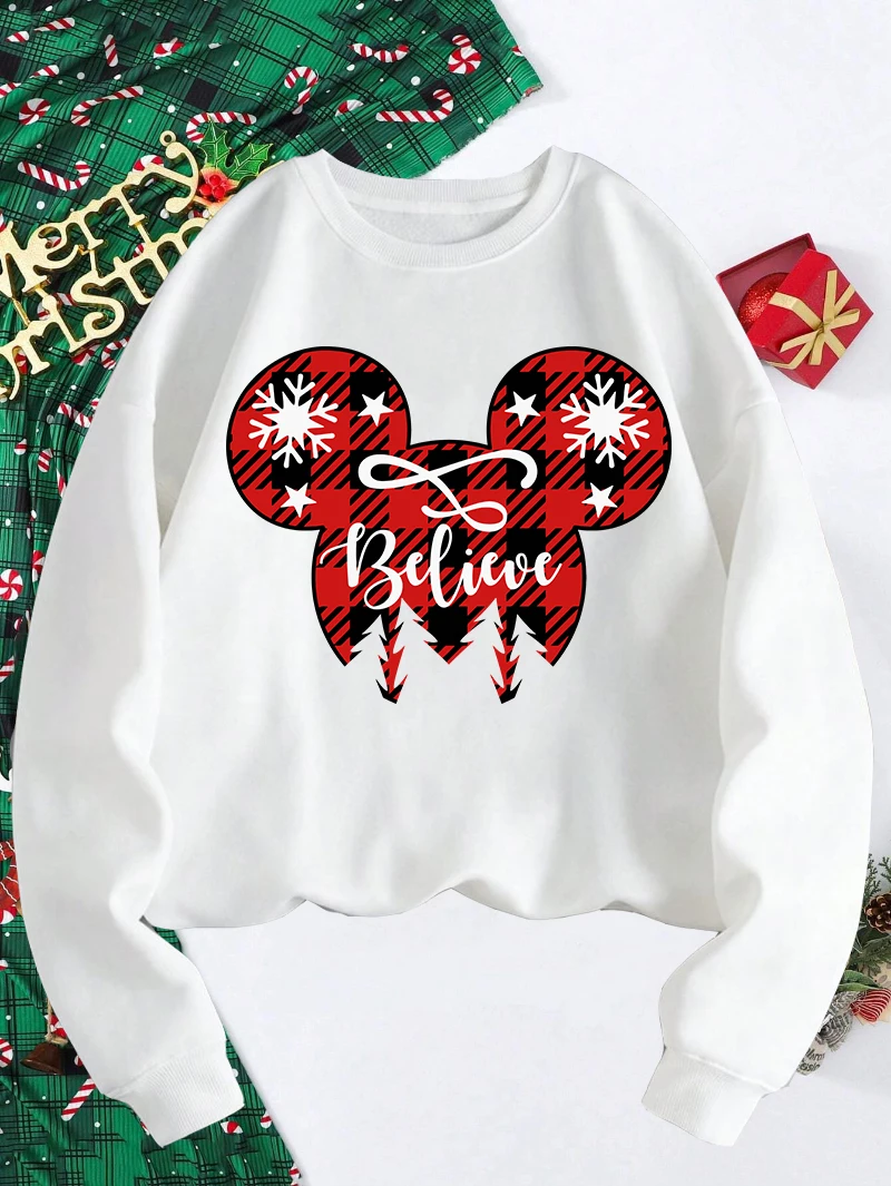 

Christmas Sweatshirt Women Believe Letter Prints Red Hoodie Fleece Soft Crewneck Loose Pullovers Winter Warm Clothes Woman Tops