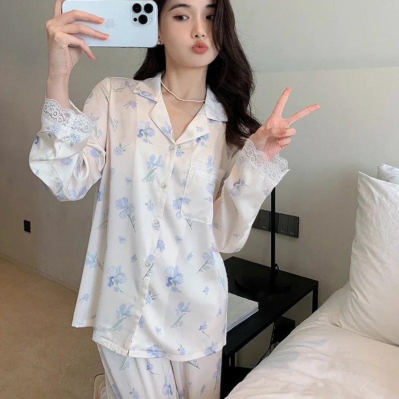 Blue Small Orchid Noble Sweet Women\'s Lace Pajamas French Lazy Elegant Aesthetics Sleepwear 2024 New Y2k Autumn Casual Nightgown