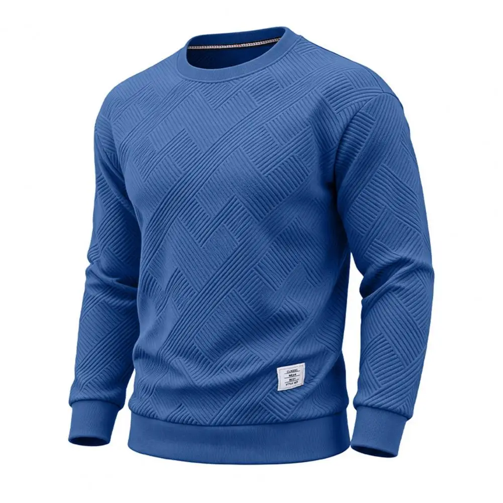 Men Crewneck Sweatshirt, Soild Color Geometric Texture Sweatshirt, Casual Loose Fit Pullover Shirt Daily Commuter Streetwear
