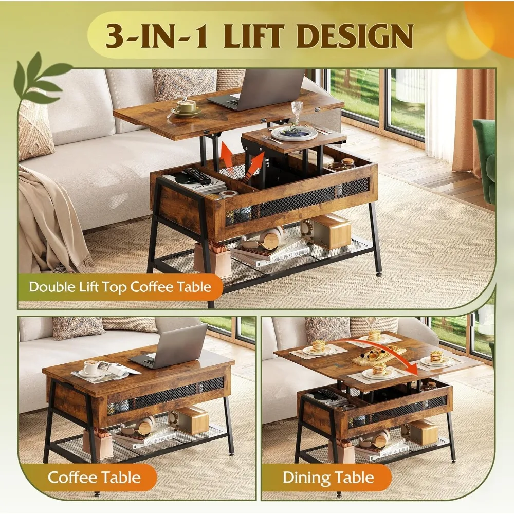 Lift Top Coffee Table, 3 in 1 with Hidden Compartment, Multi-Function Coffee Table Converts to Dining Table for Living Room