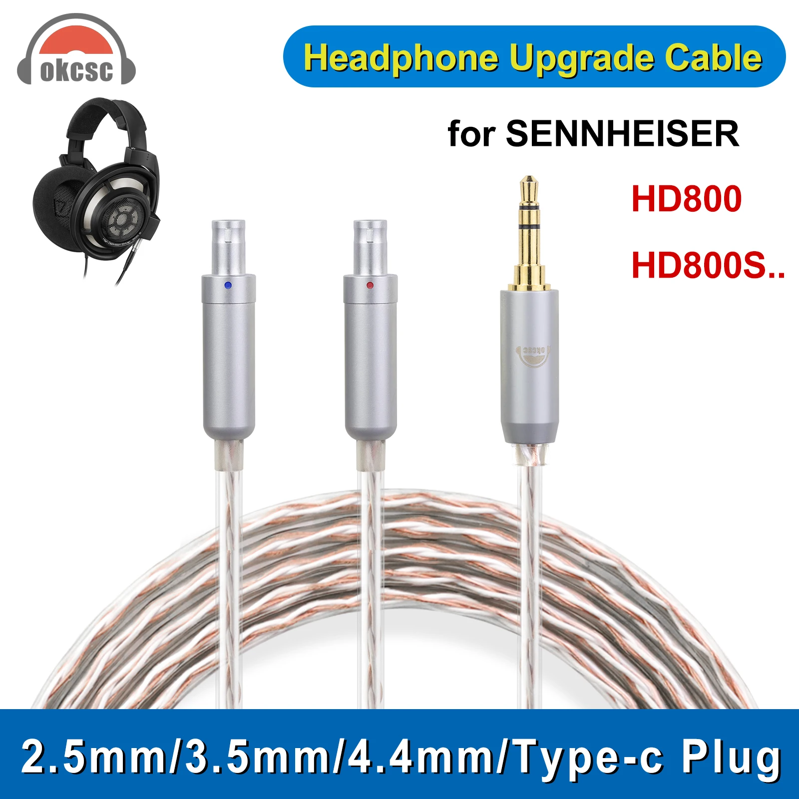 OKCSC Standard Balanced Earphone Cable for SENNHEISER HD800 HD800S HD820 DAMO/D10000 with 2.5mm/3.5mm/4.4mm/Type-c Plug Cable