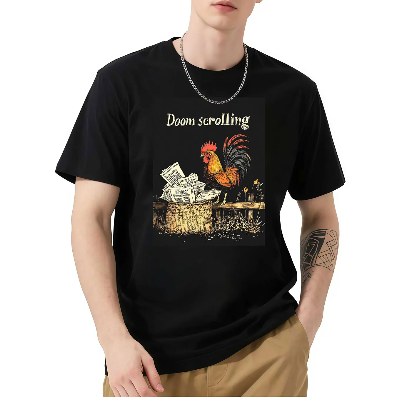 

T-shirts Men Fashion Doom scrolling" Rooster & Newspapers Printed Short Sleeve T Shirt Women Casual Harajuku Streetwear Tee Tops