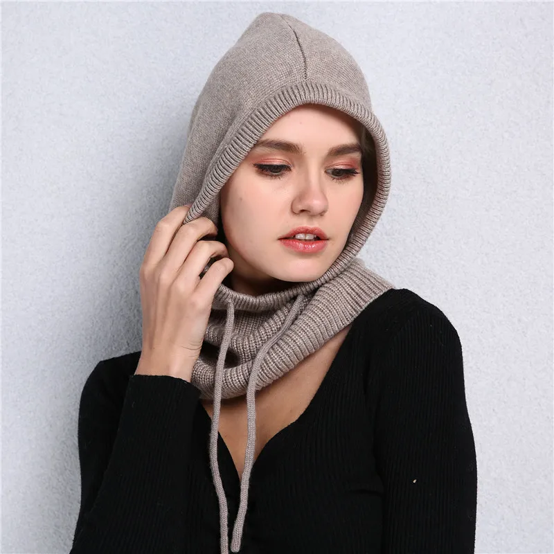 Sparsil Unisex Wool Knit Hooded Hat Adjustable Winter Warm Cashmere Beanies Cap for Women Neck Collar Scarf Drawstring Caps Men