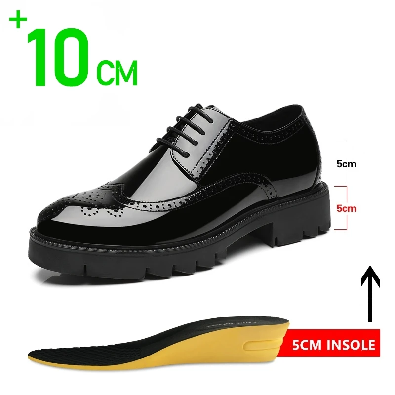 Luxury Men Brogues Patent Leather Elevator Shoes Man Height Increase Insole 8cm/10cm Black Formal Business Wedding Men Shoes New