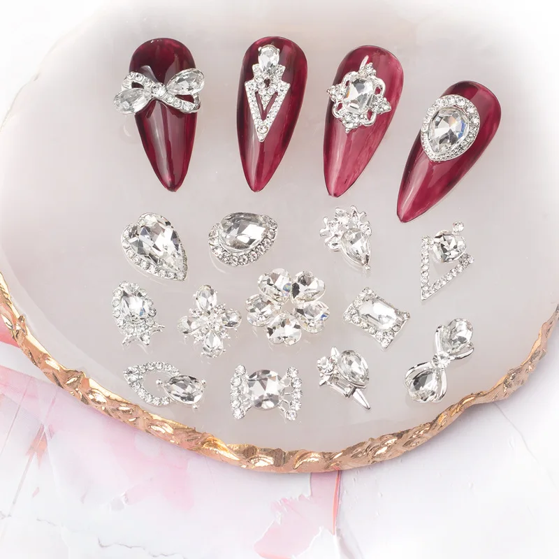10PCS Nail Art Gems Rhinestone Silver Bowknot Heart Alloy Flatback Nail Gems Manicure Metal Nail Art Parts Nail Jewelry With Gel