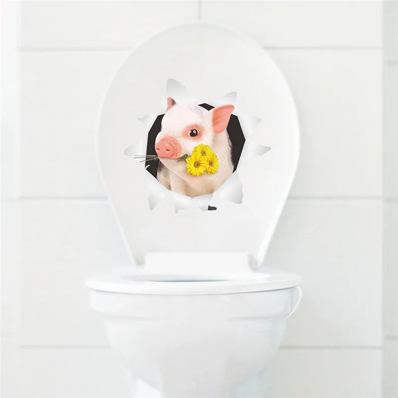 Lovely Piggy Toilet Stickers For Home Decoration 3d Broken Hole Cartoon Pig Animal Mural Art Diy Pvc Wall Decals