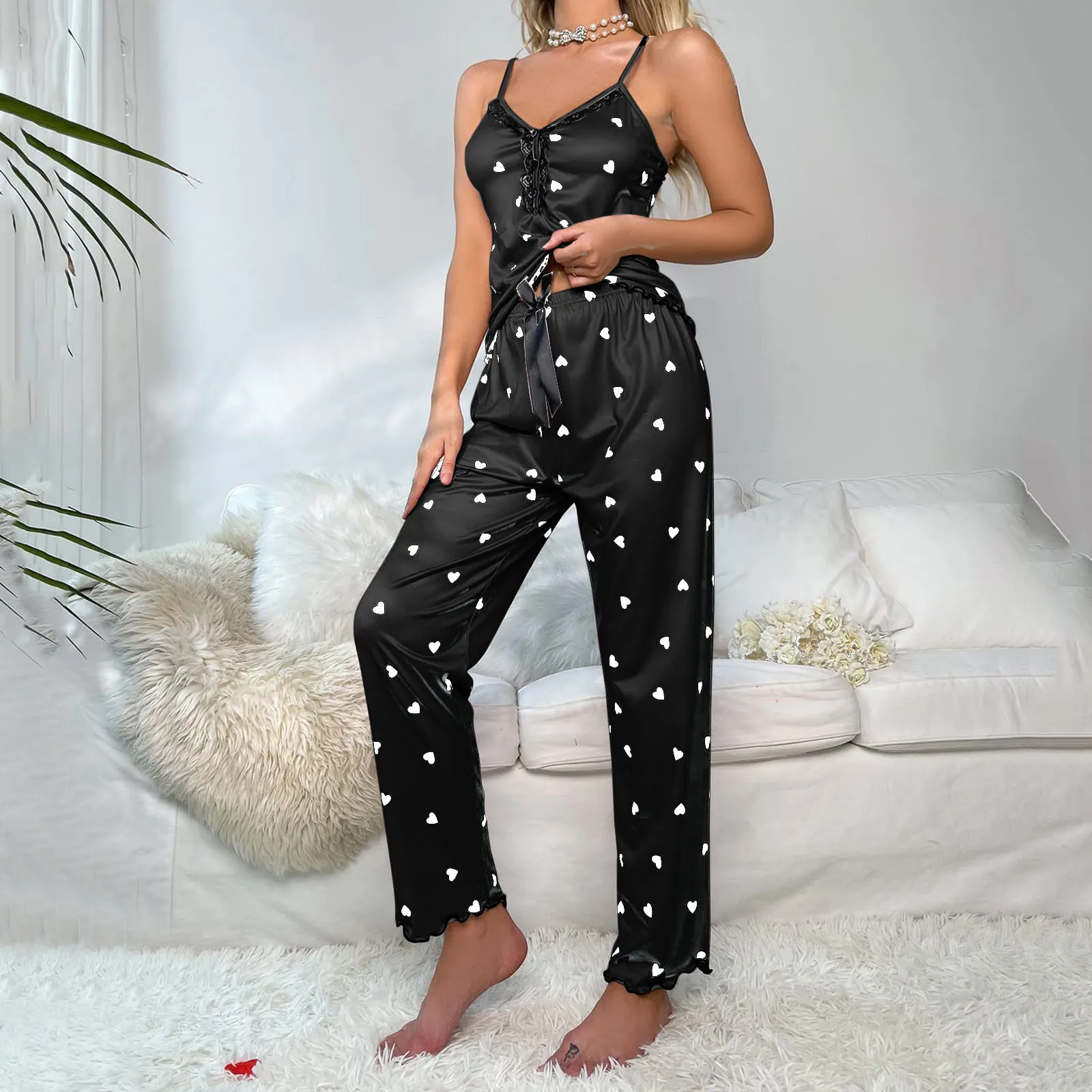 Frauen sexy V-Ausschnitt Pyjamas Set bequeme Satin Homewear Knopf Hosenträger Spitzen hose Home Nachtwäsche Anzug Nachthemd Sommer