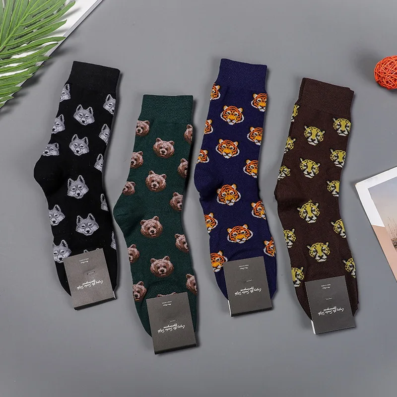 Crew Socks Man Animal Mens Sock Cartoon Tiger Wolf Print Soft Men Autumn Winter Classic Adult Korean Casual Calcetines Hombre