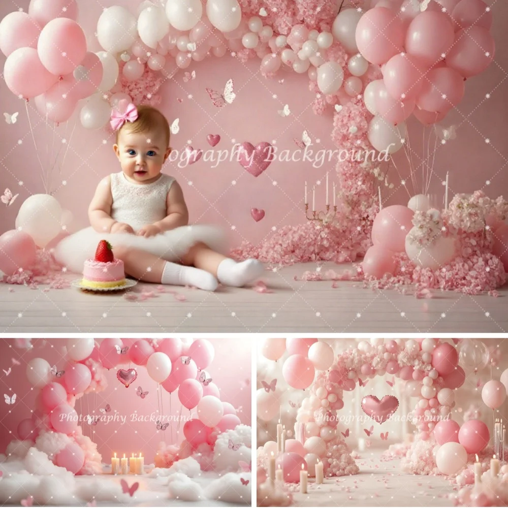 

Newborn Baby 1st Birthday Photography Backdrop Pink Flower Balloons Girl Birthday Party Decor Cake Smash Background Photo Studio