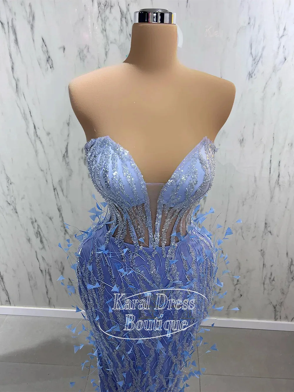 

Blue Evening Dress Customized Sleeveless Sweetheart See Through Feathers Sequined Mermaid Cocktail Party Gown Prom Dresses