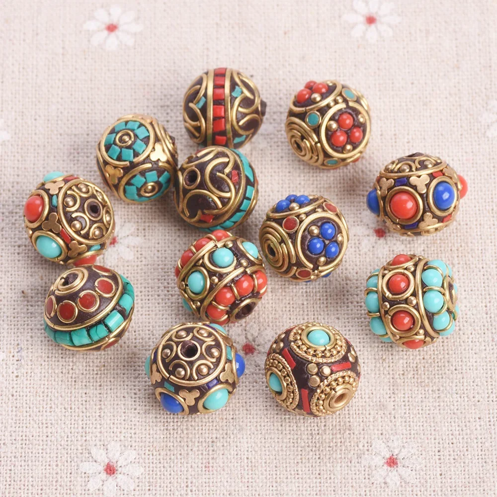 2pcs 15mm-17mm Round Handmade Nepalese Tibetan Buddhist Brass Metal Clay Loose Beads For DIY Jewelry Making Accessories