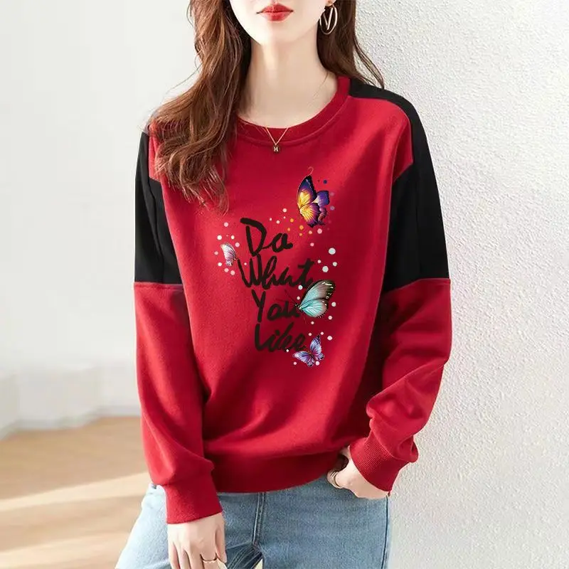 Women\'s Contrasting Colors Printing Letter Sweatshirts Classic Long Sleeve Loose O-Collar Casual All-Match Bottoming Shirt