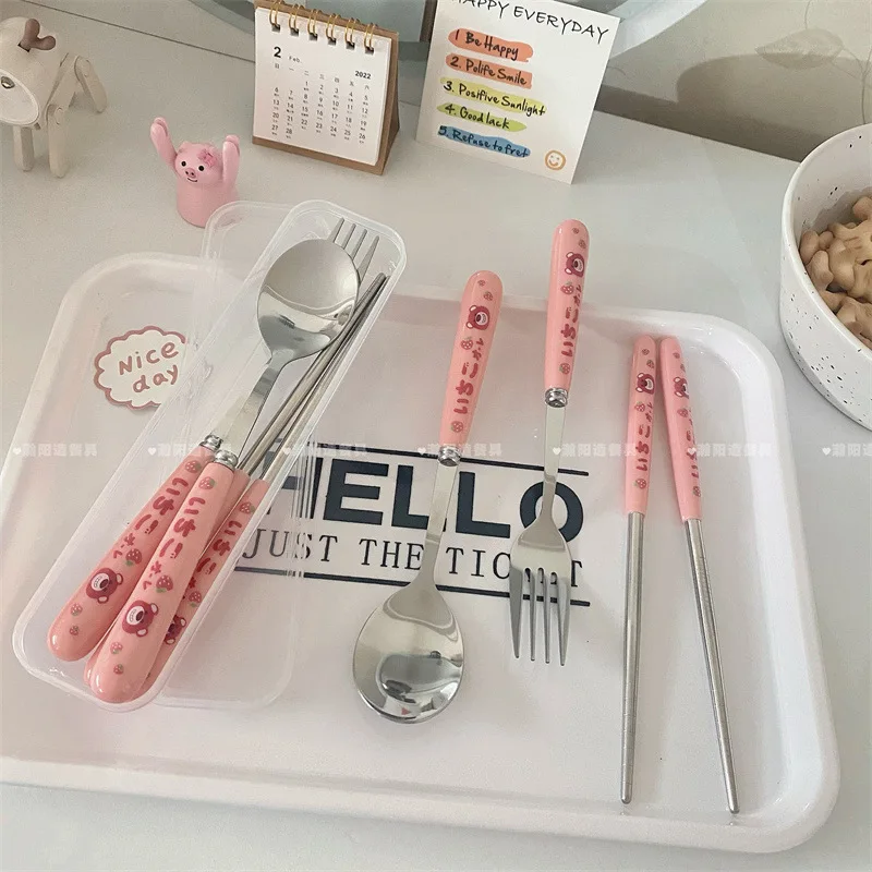 Cute Strawberry Korean Chopsticks Spoon Fork Cutlery Set with Case Portable Travel Stainless Steel Tableware Kitchen Utensils