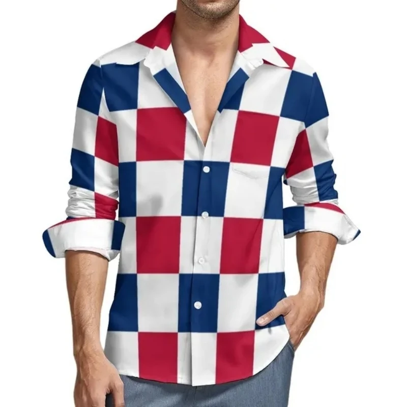Men Long Sleeve Turn‑down Collar Button‑Up Shirt Star Stripe Patriotic Print Casual Holiday Party Outfit For Male
