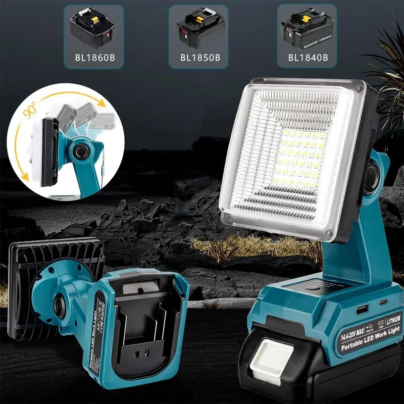 Dla Makita 18V akumulator litowo-jonowy LED lampa robocza 25W latarka przenośna awaryjna lampa powodziowa lampa kempingowa z portami USB i Type-C