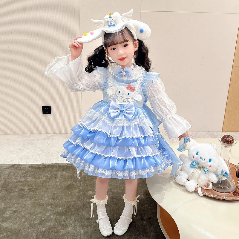 Kawaii Sanrio Cinnamoroll Kuromi Girls Lolita T-Shirt Cotton Sweater White Paired with Camisole Skirtlace Lace Puff Sleeve Tops