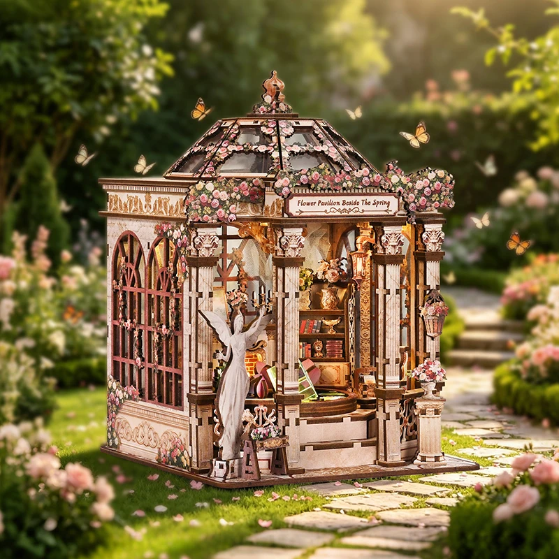 DIY Wooden Flower Pavilion Beside The Spring Cottage Figurines Miniatures Kits Casa for Friends Birthday Gifts Home Decor Crafts