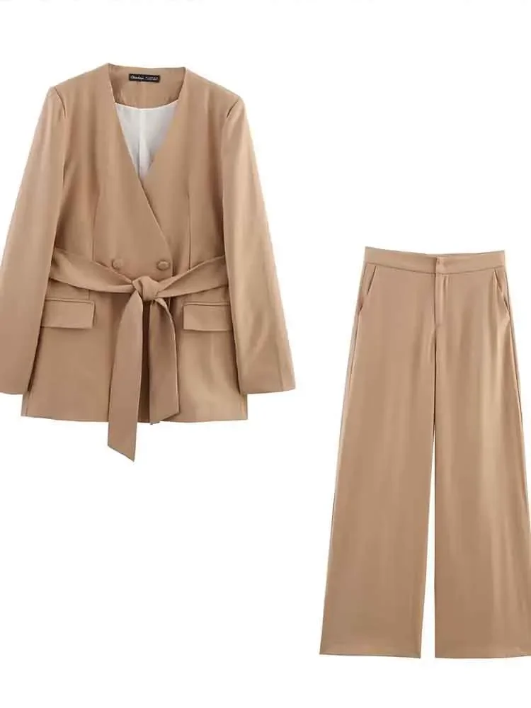 

European style new women's fashion versatile belt shoulder pad casual suit jacket wide leg trousers suit