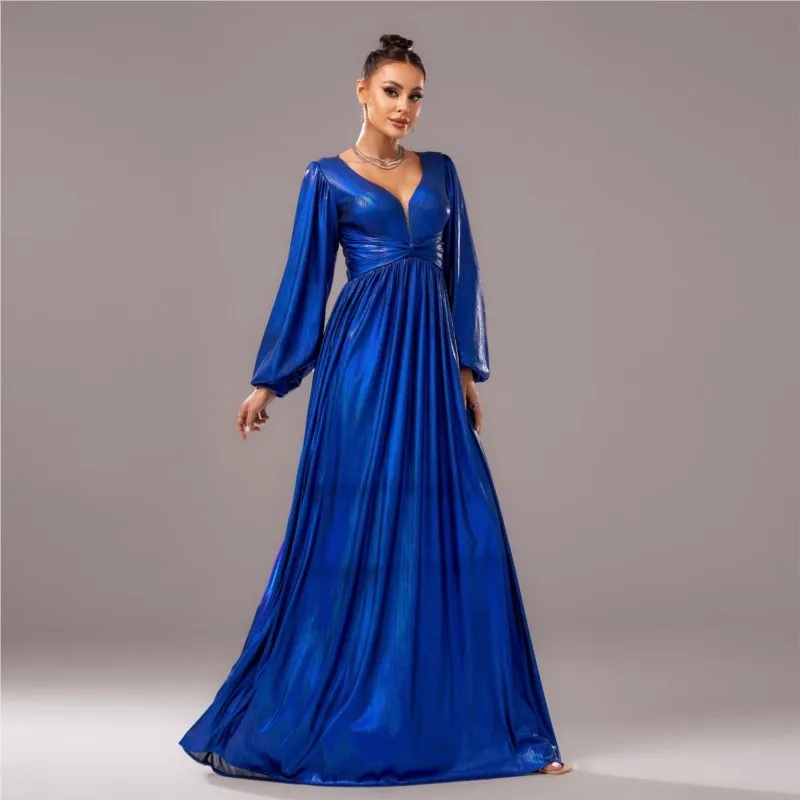 EDGLuLu Sexy Deep V-Neck Lantern Sleeves Evening Dress Woman Elegant Loose Birthday Dress Party Blue Long Mermaid Dress 1221