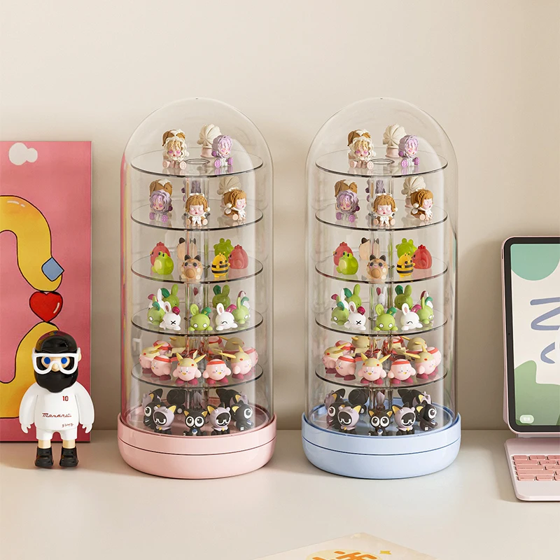 UFORU Home Blind Box Display Organizer, Multi-Layer Rotating Transparent Large Capacity Desktop Figurine Shelf with Cover