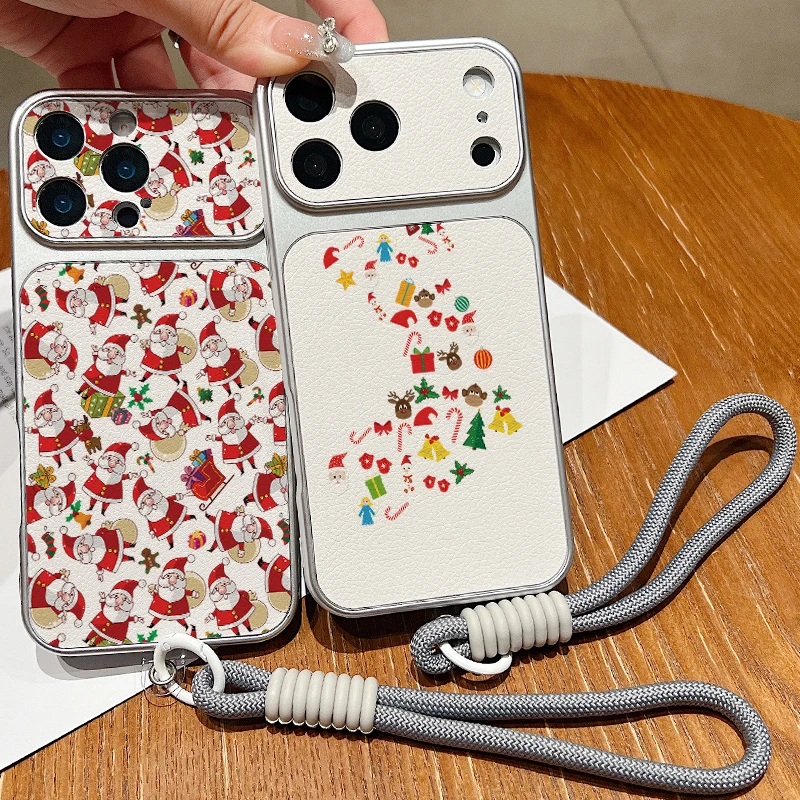 Wrist Strap Lanyard Phone Case For iPhone 18 17 Pro 16 15 14 13 Pro Max Christmas Red Gloves Print Leather Texture TPU Cover