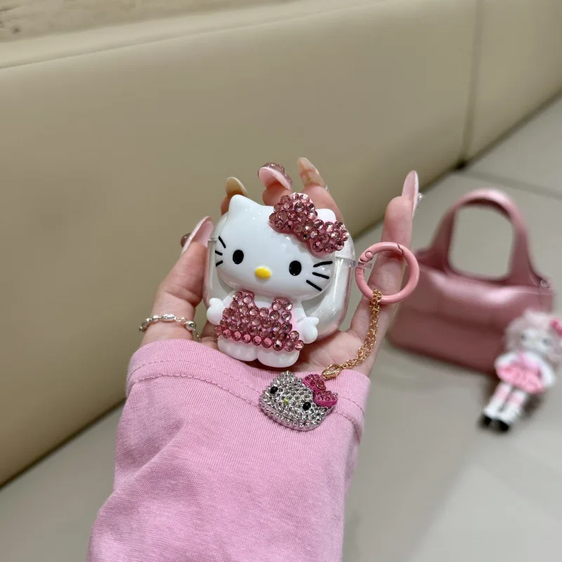 Cute Diamond Hello Kitty Earphone Case For Airpods 1 2 3 4 Pro3 Wireless Bluetooth Headset Protective Clear Cover With Keyring