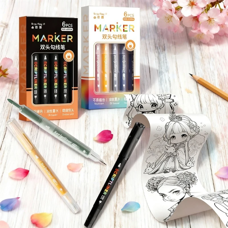 6/12pcs Double-headed Hook Line Pen Quick Drying Not Fading Easily for Line Draft Stroke Outline Graffiti Writing Signature