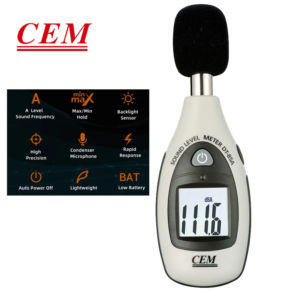 CEM DT-85A ديسيبل متر مستوى الصوت الرقمي متر المحمولة SPL متر 35dB ~ 130dB مع شاشة الكريستال السائل الخلفية للمصانع المنزلية