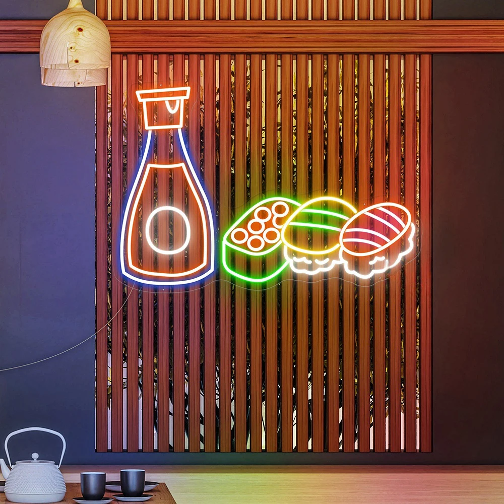 Sushi Neon Sign Japanese Sushi Restaurant Decoration LED Neon Light Food Open Sushi Roll Set Neon Sign Home Kitchen Wall Decor