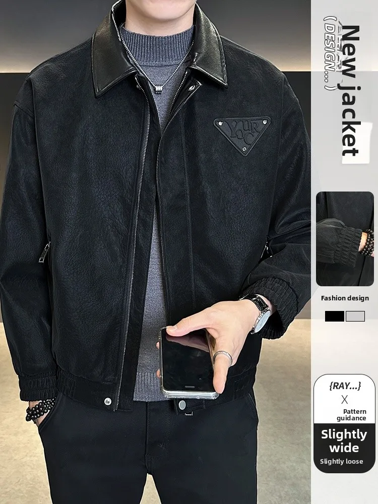 

Men's Leather Jaet Spring Autumn 2025 New Sle Faionable Collar Patchwork American Retro Biker Jaet Youth Casual Wear