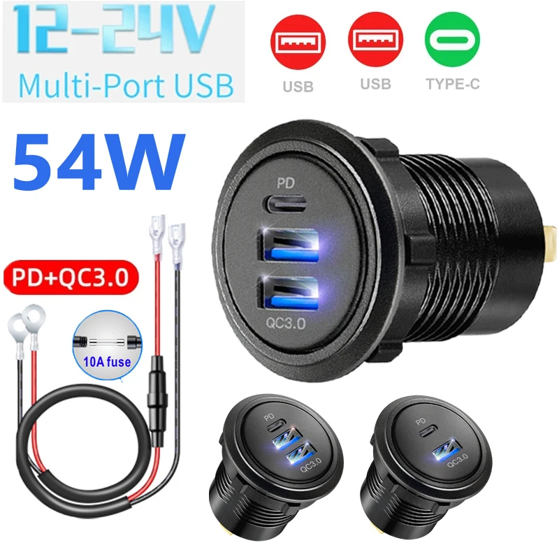 

12V/24V Triple USB C Car Charger Socket USB Outlets PD & 18W QC3.0 Car Socket Adapter