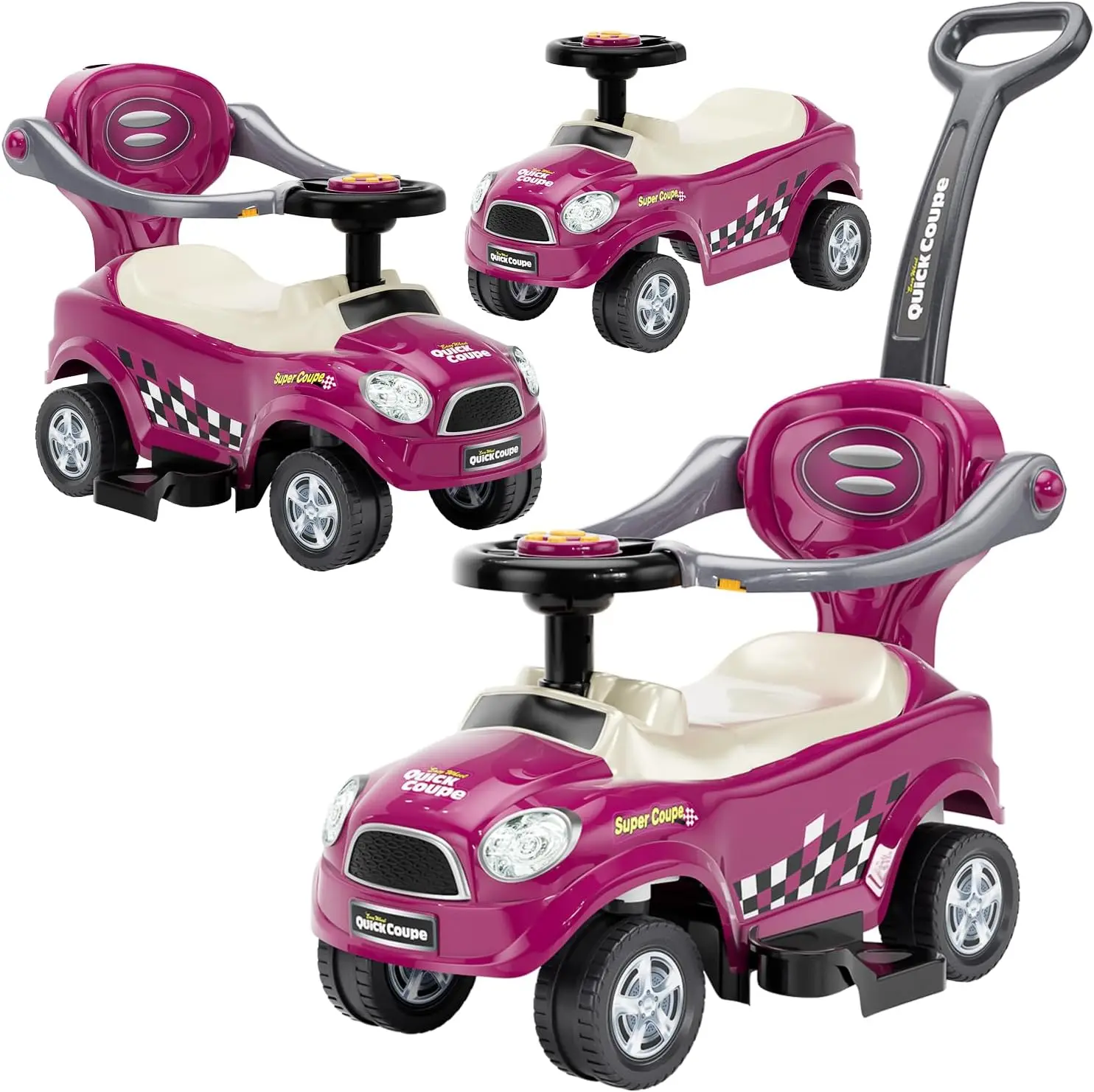 Toddler 3-in-1 Ride-On Push Car, Purple, with Removable Handle, Guardrails and Pedal, Horn, Music, and Under-Seat Storage