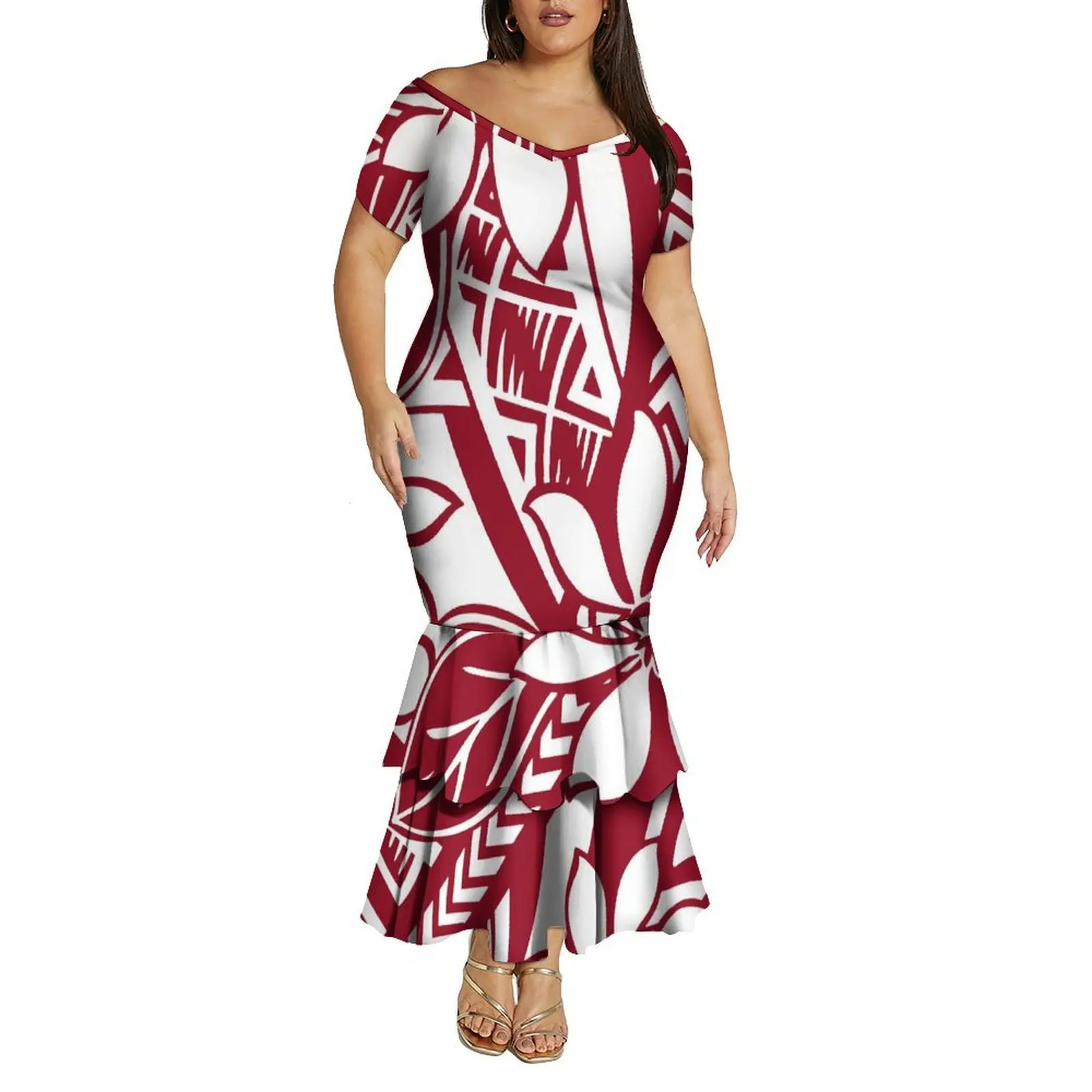 Vestido de verão confortável e macio com decote em V fora do ombro vestido rabo de peixe de camada dupla feito sob medida para mulheres polinesias