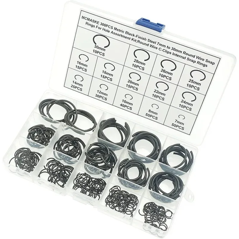 300PCS Metric 7-30mm Round Wire C-Clips Internal Snap Rings Assortment Kit Used For Hole Black-Finish Steel