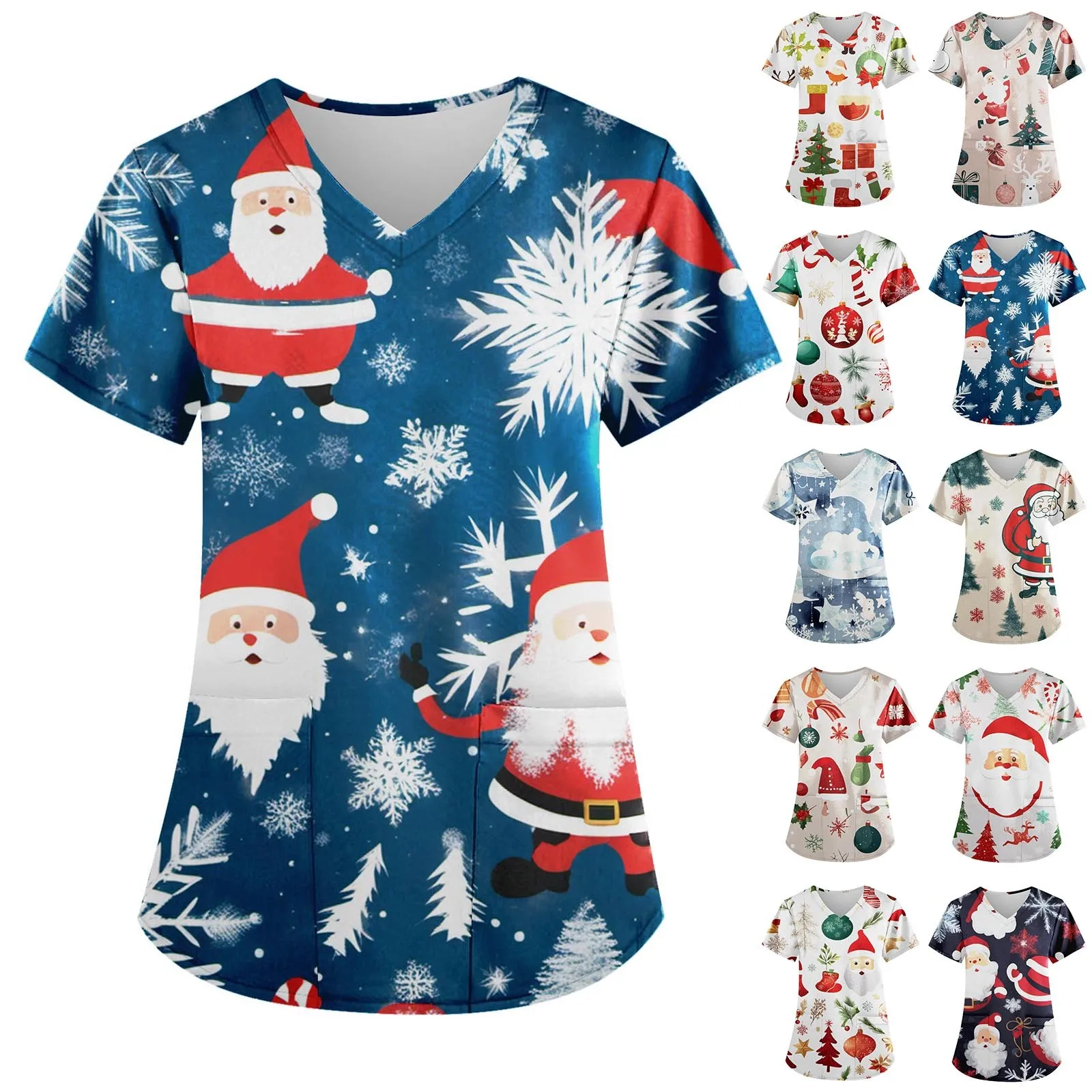 Atasan Perawat natal seragam medis Wanita Gambar Santa Claus seragam Suster V-Neck kaus Spa Kesehatan Rumah Sakit blus