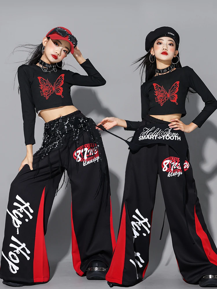 

Черная одежда для джазовых танцев, топы с длинными рукавами и пупком для девочек, брюки в стиле хип-хоп, модная одежда для подиума, концерта, Kpop, одежда для выступлений BL17827