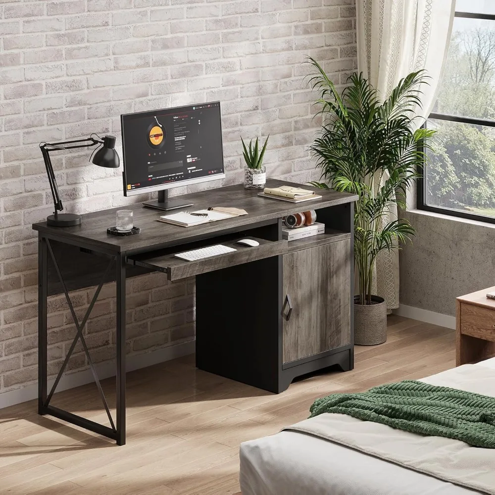 Office desk with keyboard tray, industrial computer desk with storage, reversible administrative desk with filing cabinet