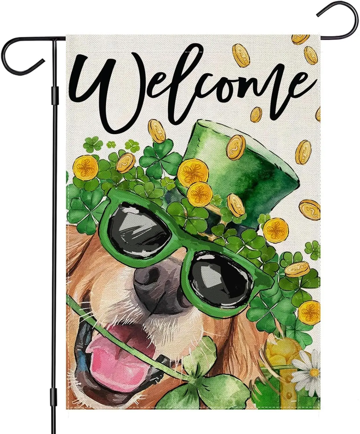 Welcome St Patricks Day Dog Garden Flags for Outside, Golden Retriever with Hat Lucky Shamrock Small Seasonal Decoration for YYD
