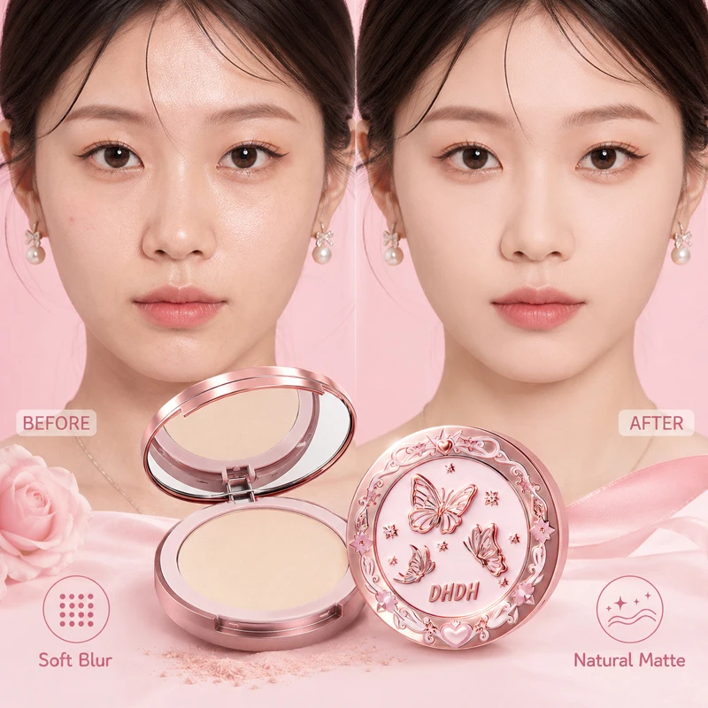 DHDH Soft Focus Pressed Powder Matte Setting Powder Oil Control Pore Blur Lightweight Long Lasting Makeup Compact Smooth Finish