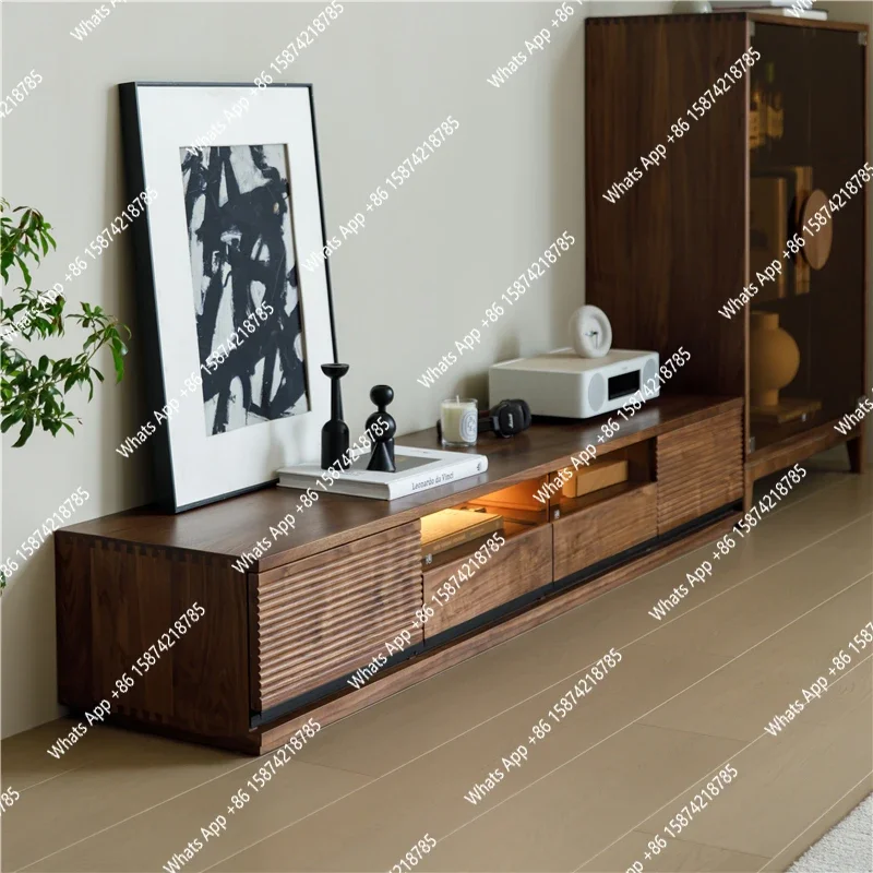 C North American Black Walnut TV Cabinet With Lamp Living Room Simple Italian Solid Wood Floor-to-ceiling Audio-visual Cabinet