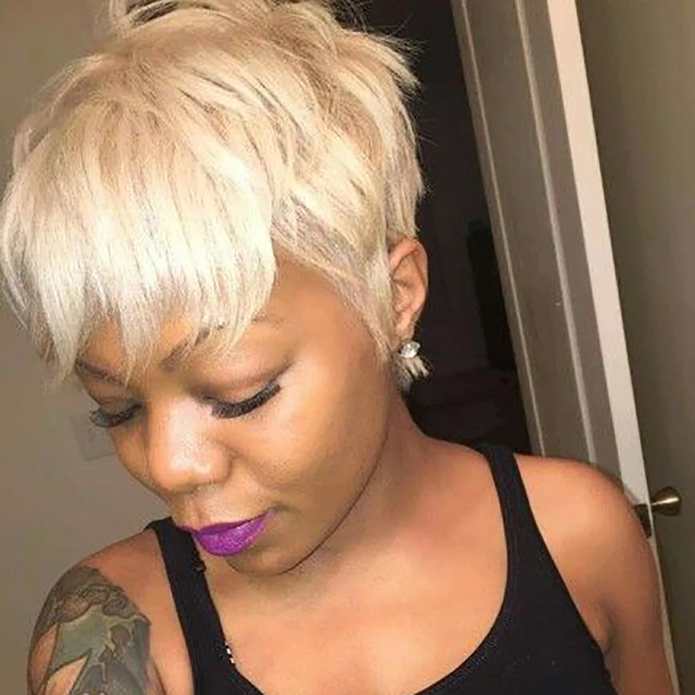 Светлые короткие парики из натуральных волос Парик с стрижкой пикси с предварительно выщипанной челкой для женщин Базильские волосы Машинное производство Прямые парики из человеческих волос