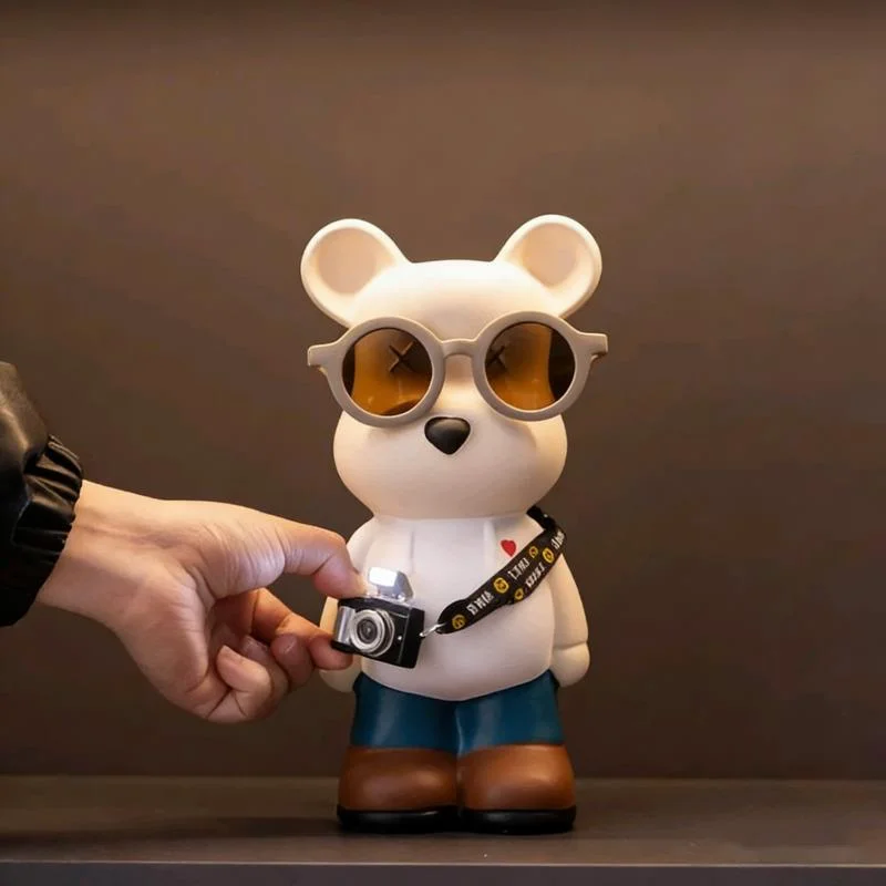 

New Cute Cartoon Bear Money Bank With Flash Camera Resin Home Decor Figurine Creative Storage Box For Coins Home Decor