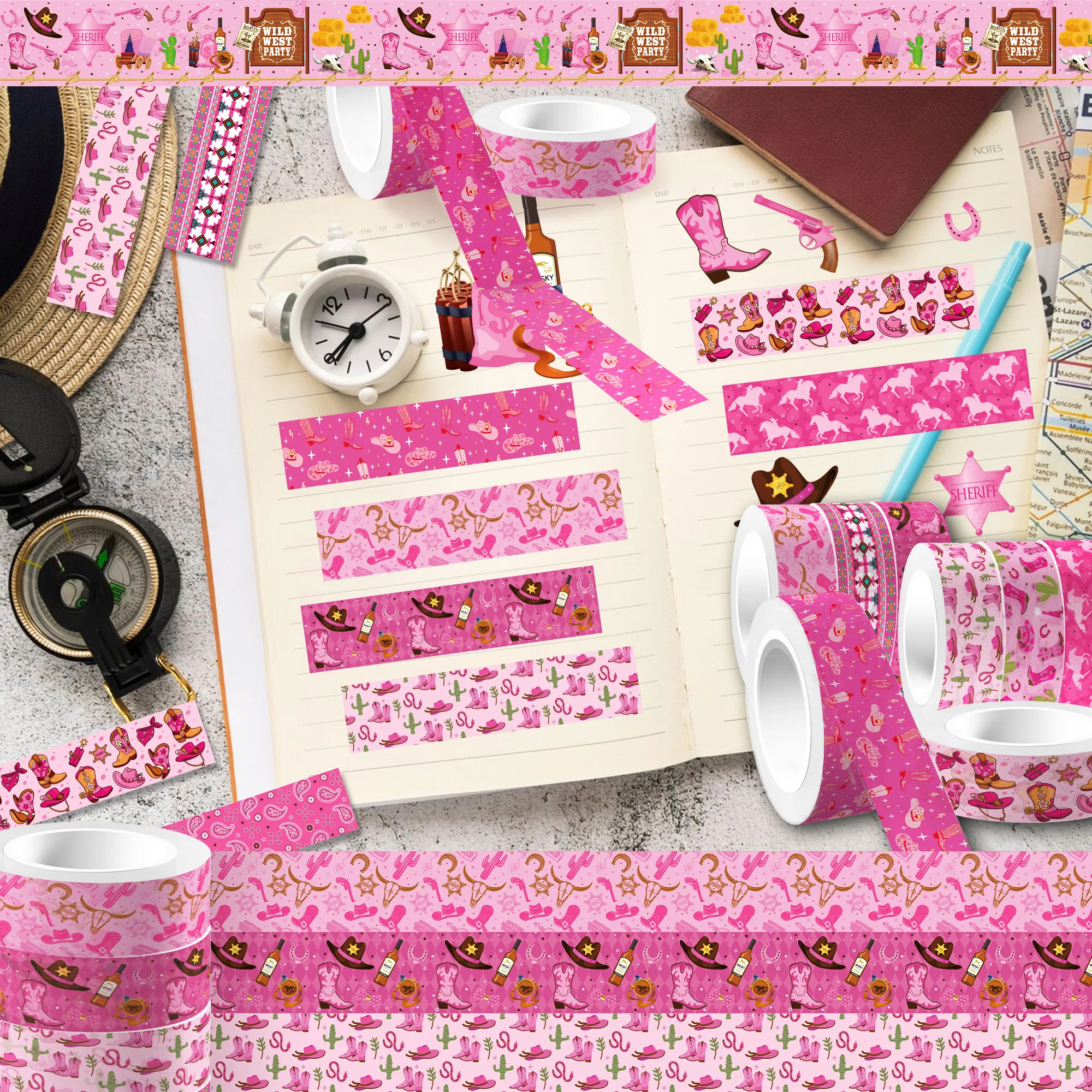 12 롤 서양 카우걸 테마 Washi 테이프 세트, 장식 종이 스티커, 선물 포장용 DIY 공예 테이프, 스크랩북