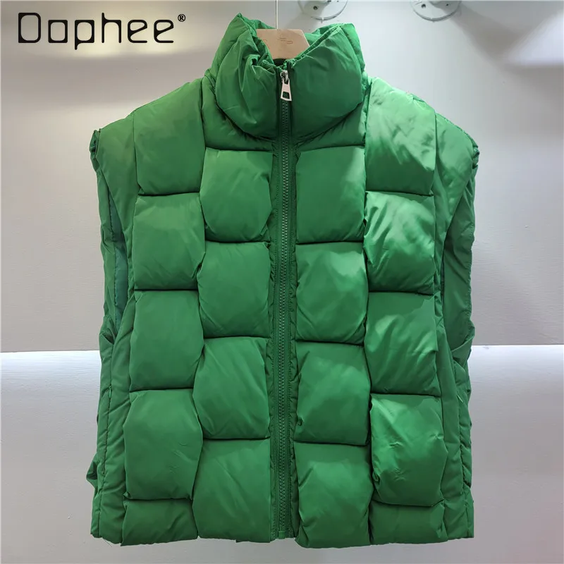 

Autumn Winter New Fashion Loose Down Cotton Vest Women Solid Color Warm Stand-up Collar Sleeveless Slim Zipper Coat Female