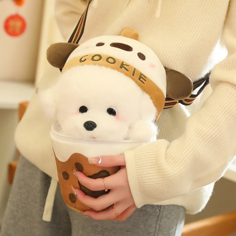 25cm 22cm Cute Milk Tea Cup Dog Doll Shoulder Bag Plush Toy Little Bomei Doll Children'S Birthday Couple Gift Backpack Design