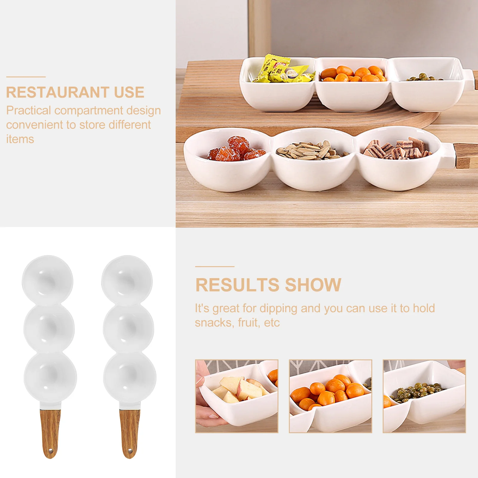 

2Pcs Ceramic Divided Snack Bowl Three-Compartment Sauce Dish Salad Plate Handle Portable Household Tableware