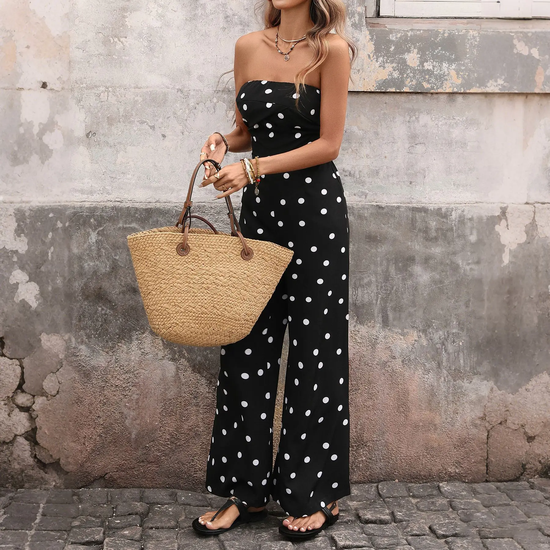 

2026 Summer New Style Retro Holiday Jumpsuit Polka Dot Tube Top High Waist Wide Leg Jumpsuit