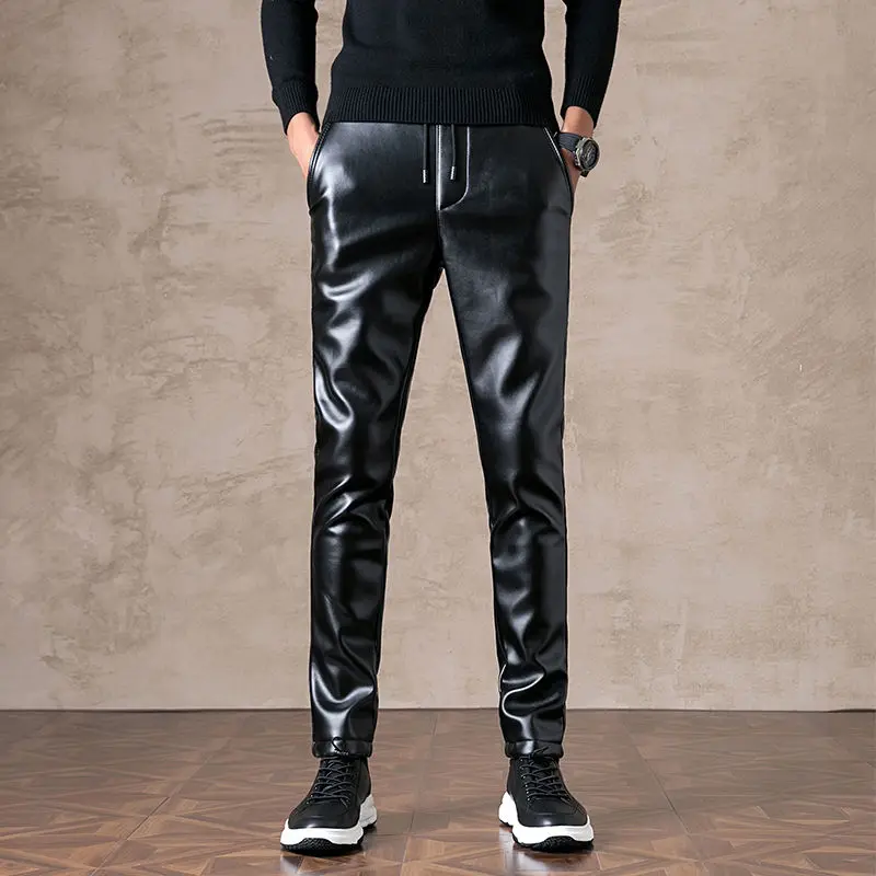 

Autumn Winter Leather Pants Men's Waterproof Windproof Slim-fit Drawstring Korean Solid Color Motorcycle Faux Leather Male Pants