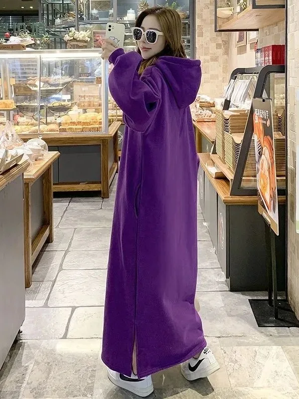 plus Size Autumn Winter Hooded Fleece Long Dress Women's Loose Fit High Waist Straight Cut Knee-Length Slimming Effect Casual...