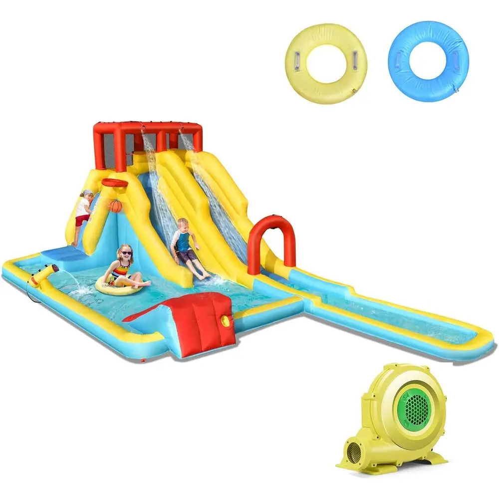 منزلق مائي Iatable، شرائح طويلة مزدوجة، شرائح مائية عملاقة، Iatables مع جدار التسلق وحمامات الرش، نفخ خارجي